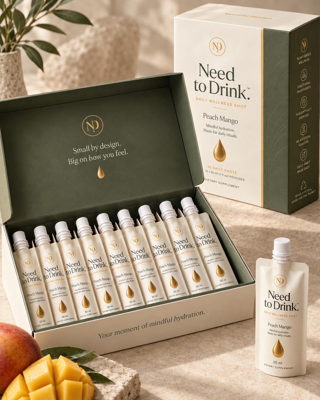 Open Need to Drink 30-day box with Peach Mango pouches and a standalone pouch